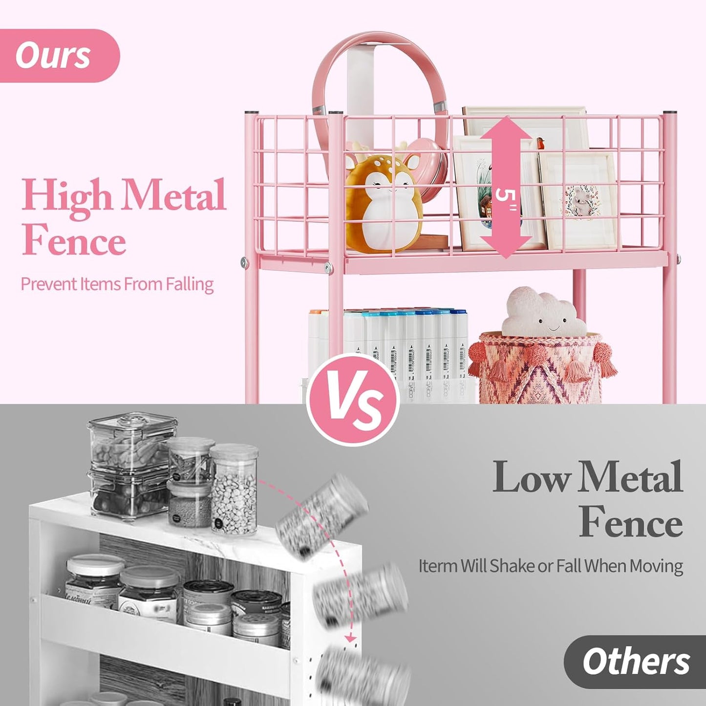 KINGRACK 3-Tier Rolling Utility Cart with Wheels, Metal Slim Storage Cart, Bathroom Multifunctional Storage Organizer, Mobile Shelving Unit for Kitchen, Office, Laundry Room, Narrow Place, Pink