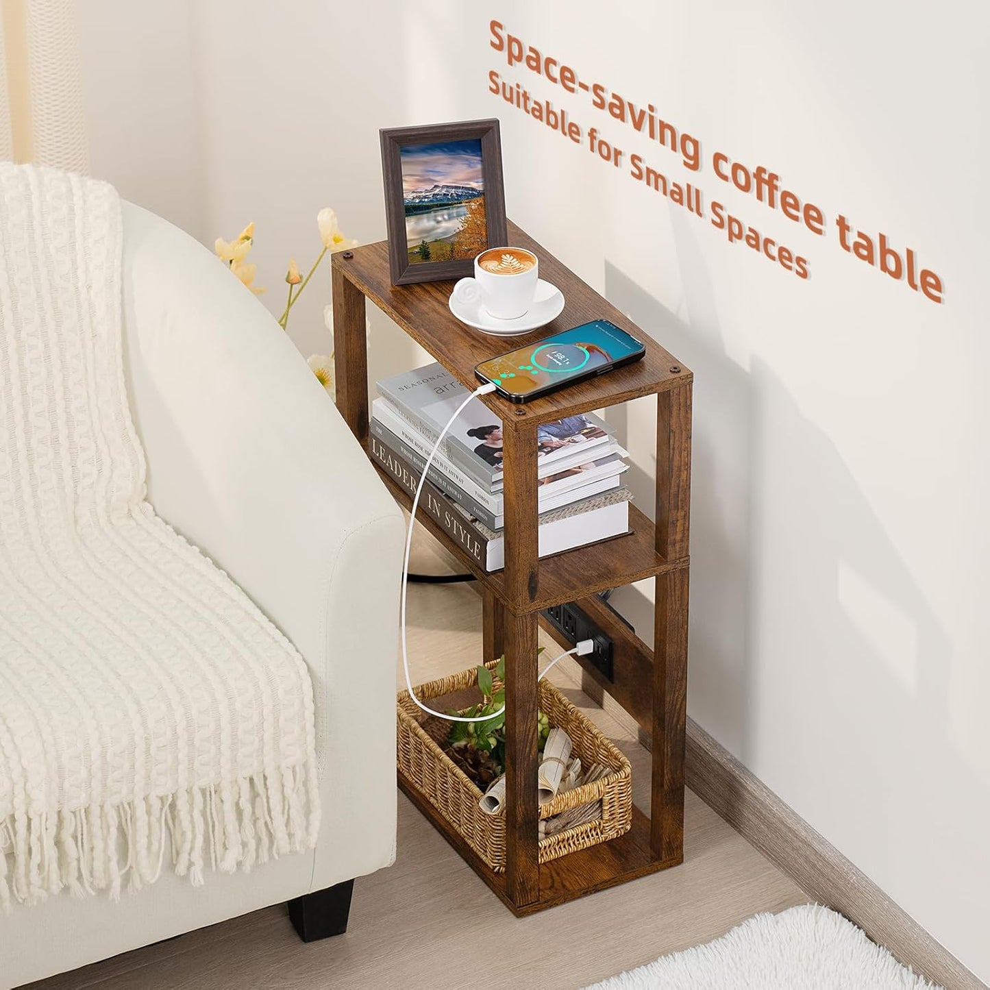 3-Tier Small Narrow Wood Side Table Set of 2 with Charging Station - Skinny Nightstand for Small Spaces, Slim Bedside Table with USB Ports and Outlets - Thin End Table with Storage, Brown