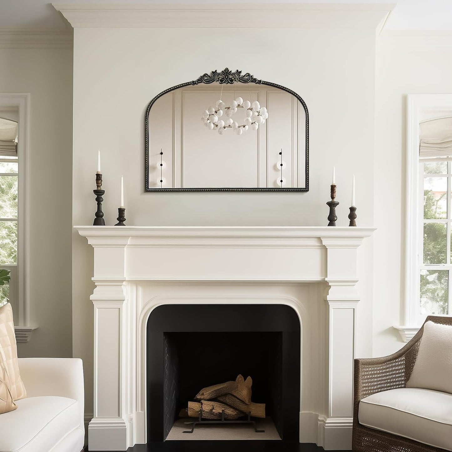 WallBeyond Black Antique Arched Vintage Wall Mirror, 24x32 Inch, Iron Frame, Bathroom, Living Room, Entryway