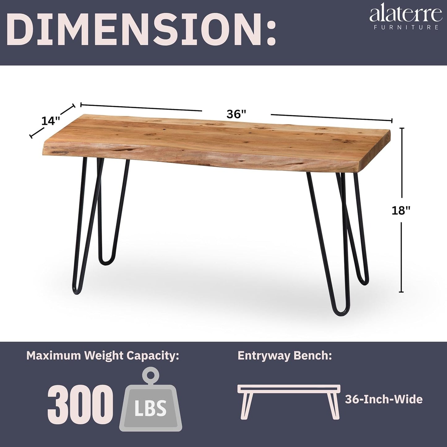 Alaterre Furniture 36-Inch Live Edge Wood Bench – Natural Acacia Wood Top with Metal Hairpin Legs – Sturdy and Easy to Assemble Rustic Modern Entryway or Accent Bench