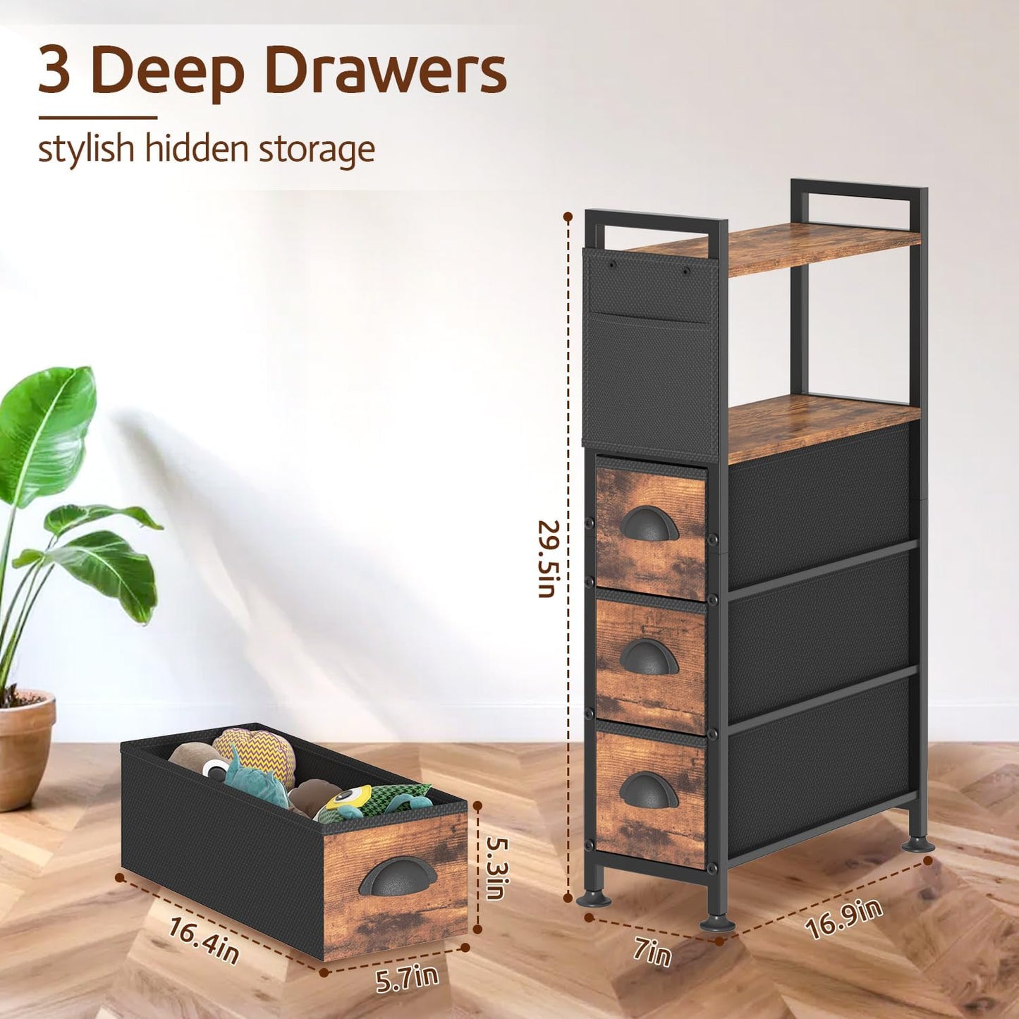 3 Drawer Narrow Dresser Side End Table Small Spaces, Slim Nightstand Bedside Sofa Table with Wheels, Space Saving Skinny Thin Couch Desk with Storage Bag for Bedroom Living Room Bathroom,Black