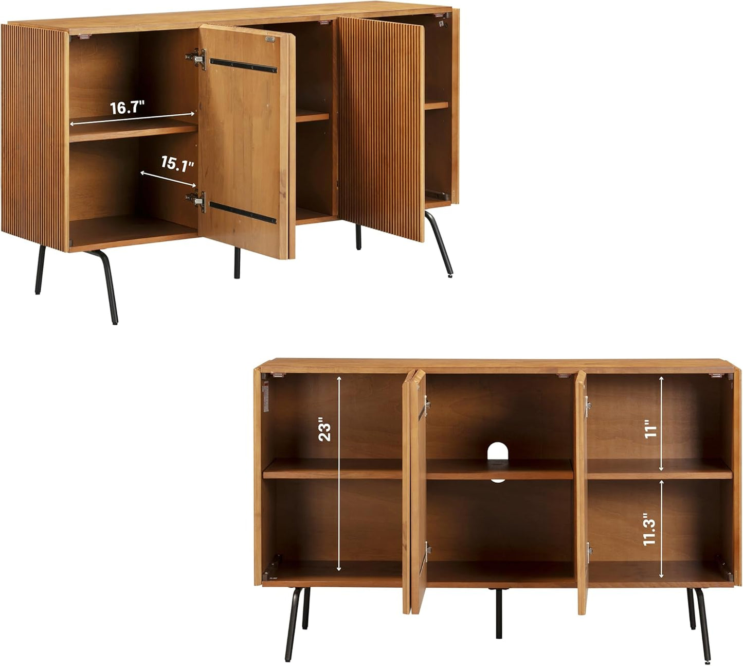 NTC Veil Modern Sideboard with 3 Doors, Buffet Cabinet with Vertical Groove Design and Metal Legs, Storage Cabinet for Living Room, and Hallway, Effortless Assembly, Teak Look