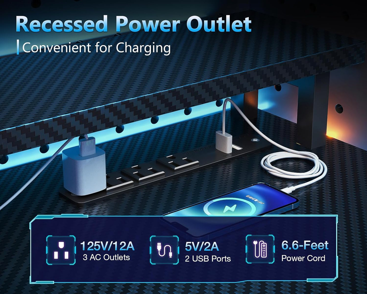 AODK 52 Inch Gaming Desk with USB Charging Ports & LED Light- Reversible Computer Desk with Storage Shelves & Monitor Stand, Modern Gamer Desk Table with Fabric Drawers & Side Hook, Carbon Fiber Black