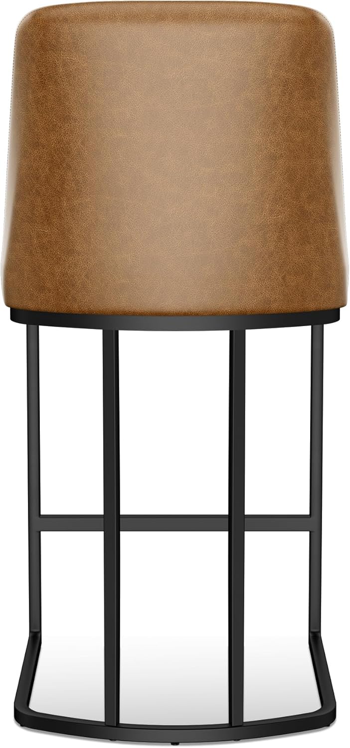 Counter Height Bar Stools Set of 4, Upholstered Leather Barrel Barstools with Back and Metal Legs for Kitchen Island, 27.4" Seat Height, Fabric in Faux Leather, Rustic Brown