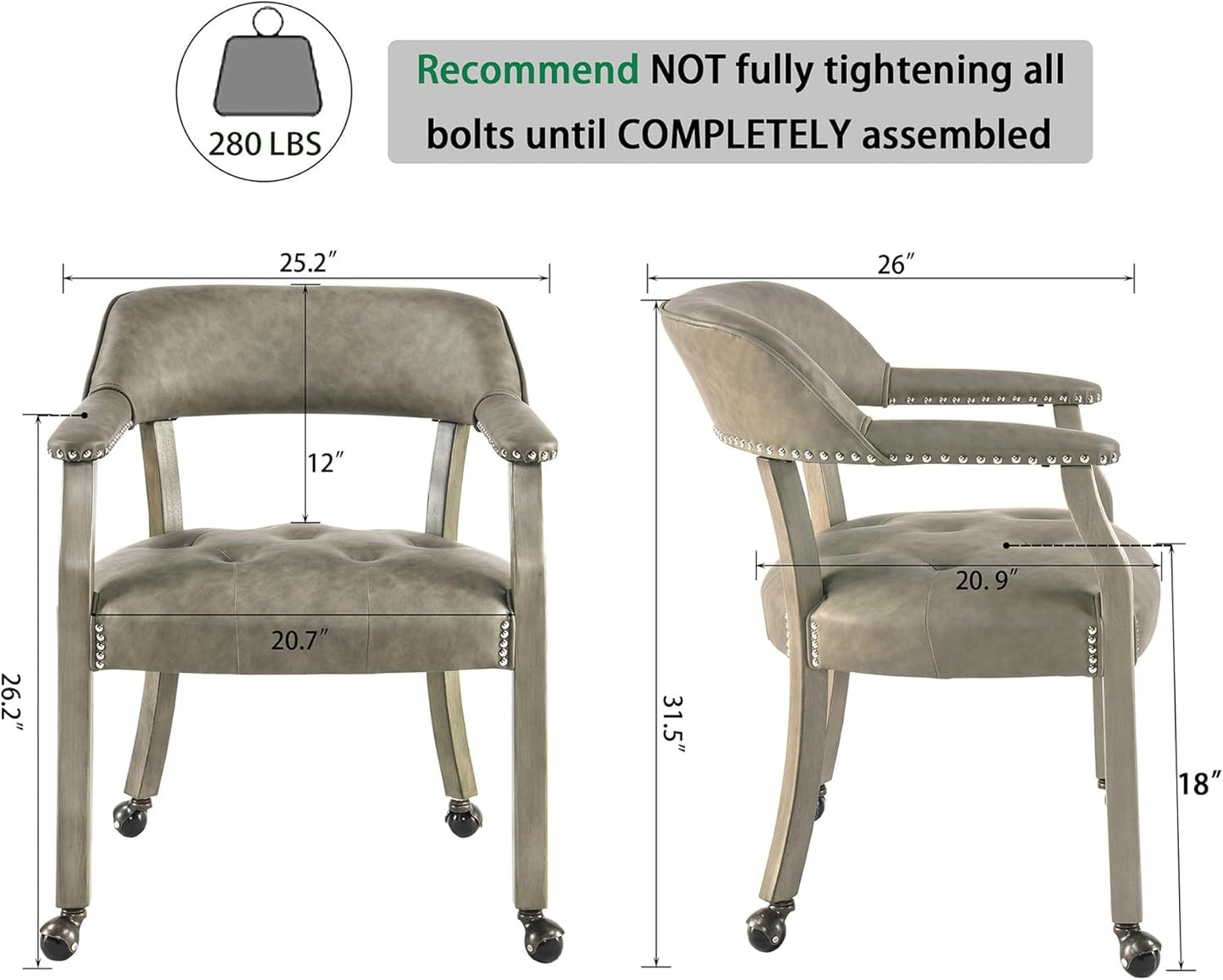 LEEMTORIG Large Dining Chairs with Casters and Arms, Rolling Dining Chairs with Wheels, Solid Wood Boss Caption's Chairs Office Desk Chairs, 26" D x25.2 W x 31.5" H, Soft Light Grey PU SY-1318-UA