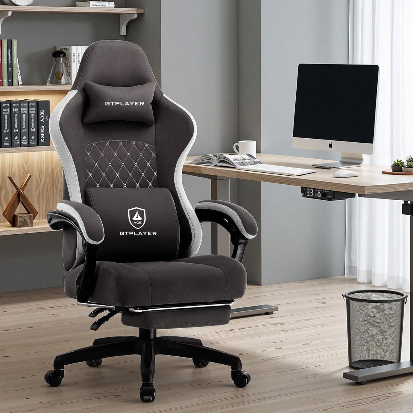 GTPLAYER Office Chair, Gaming Computer Desk Fabric Chair with Footrest, High Back Ergonomic Office Chair with Pocket Spring Lumbar Support and Linkage Armrests Adjustable Height Swivel for Home Task