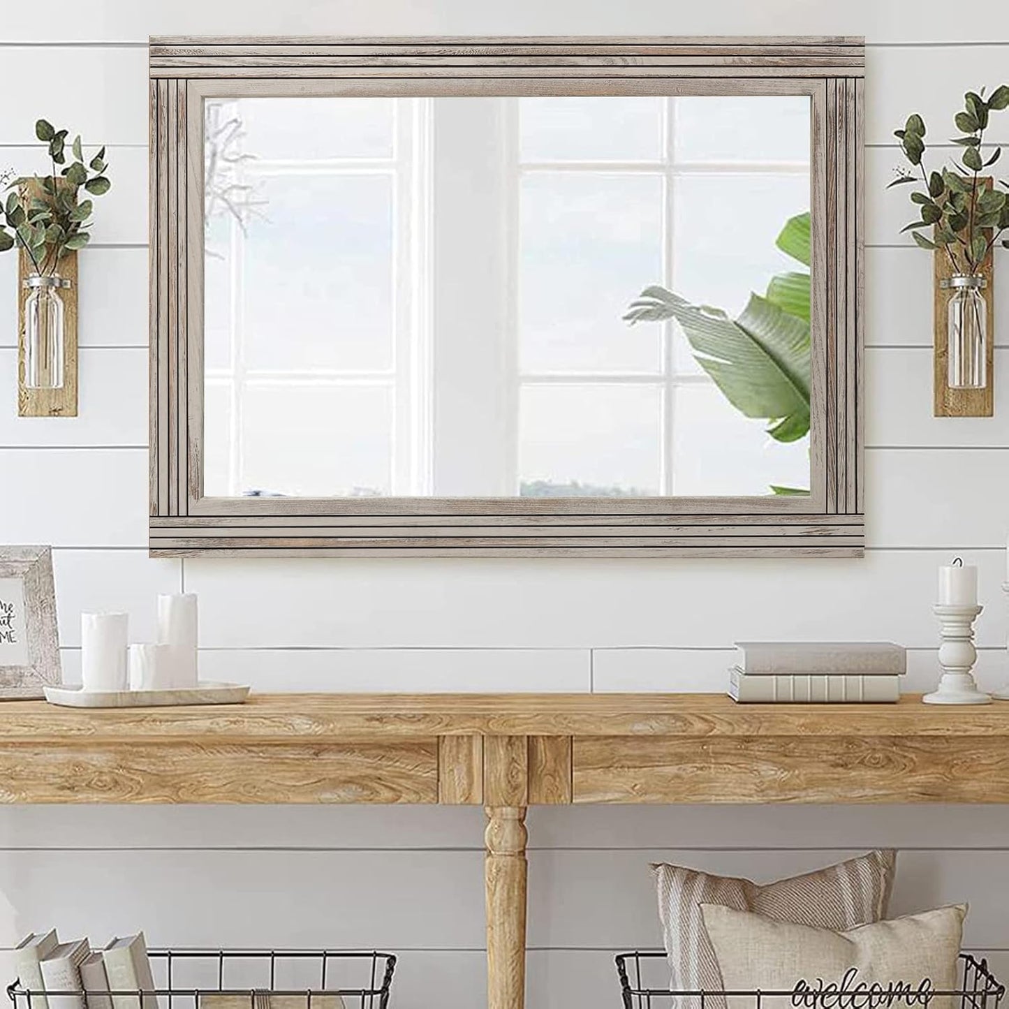 YOSHOOT Hand-Made Wooden Spliced Wall Mirror for Bathroom, Rustic Farmhouse Vanity Mirror, Décor Wall Art, Solid Wood Frame, Vertical or Horizontal Hanging