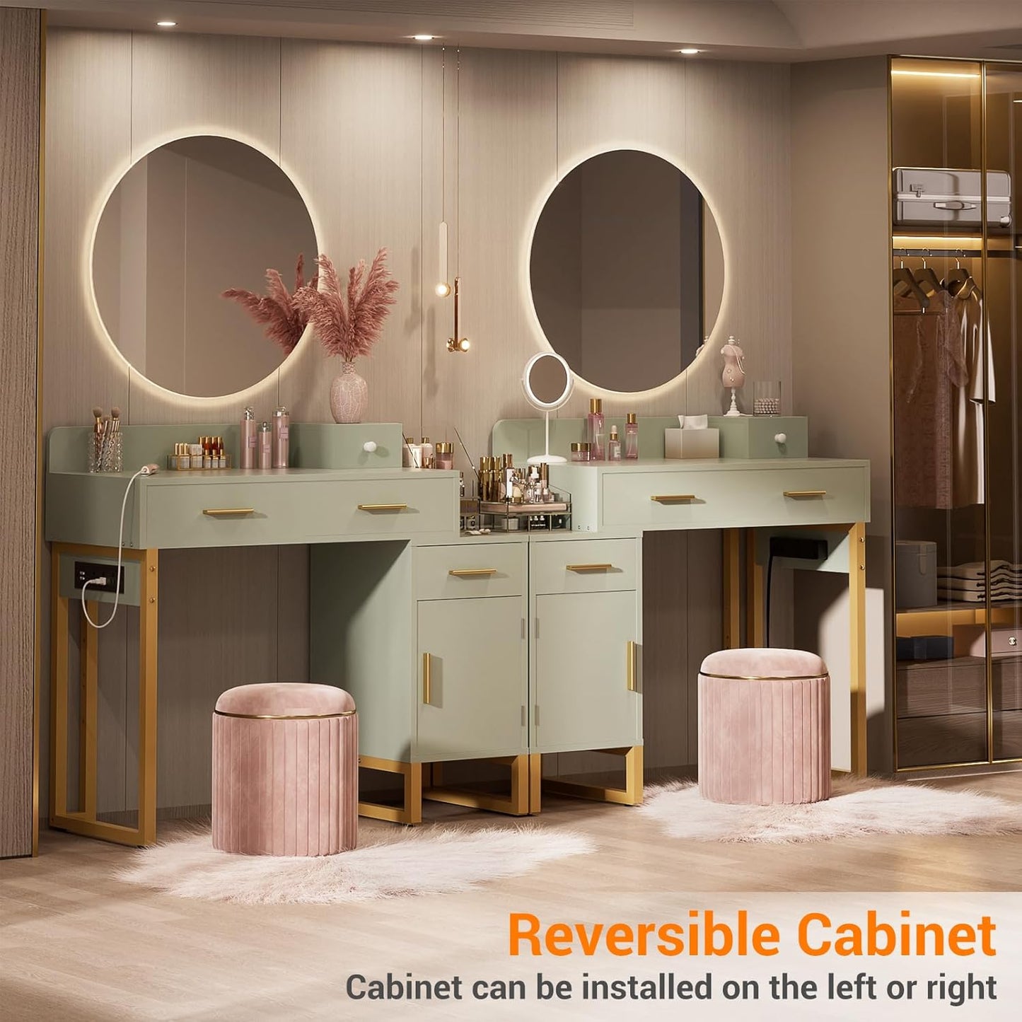 Vanity Desk with 4 Storage Drawers - Modern Makeup Vanity Table with Charging Station, Cyan Vanity Desk with Reversible Cabinet Dressing Table Set with Divided Organizers for Women Girls, Cyan & Gold