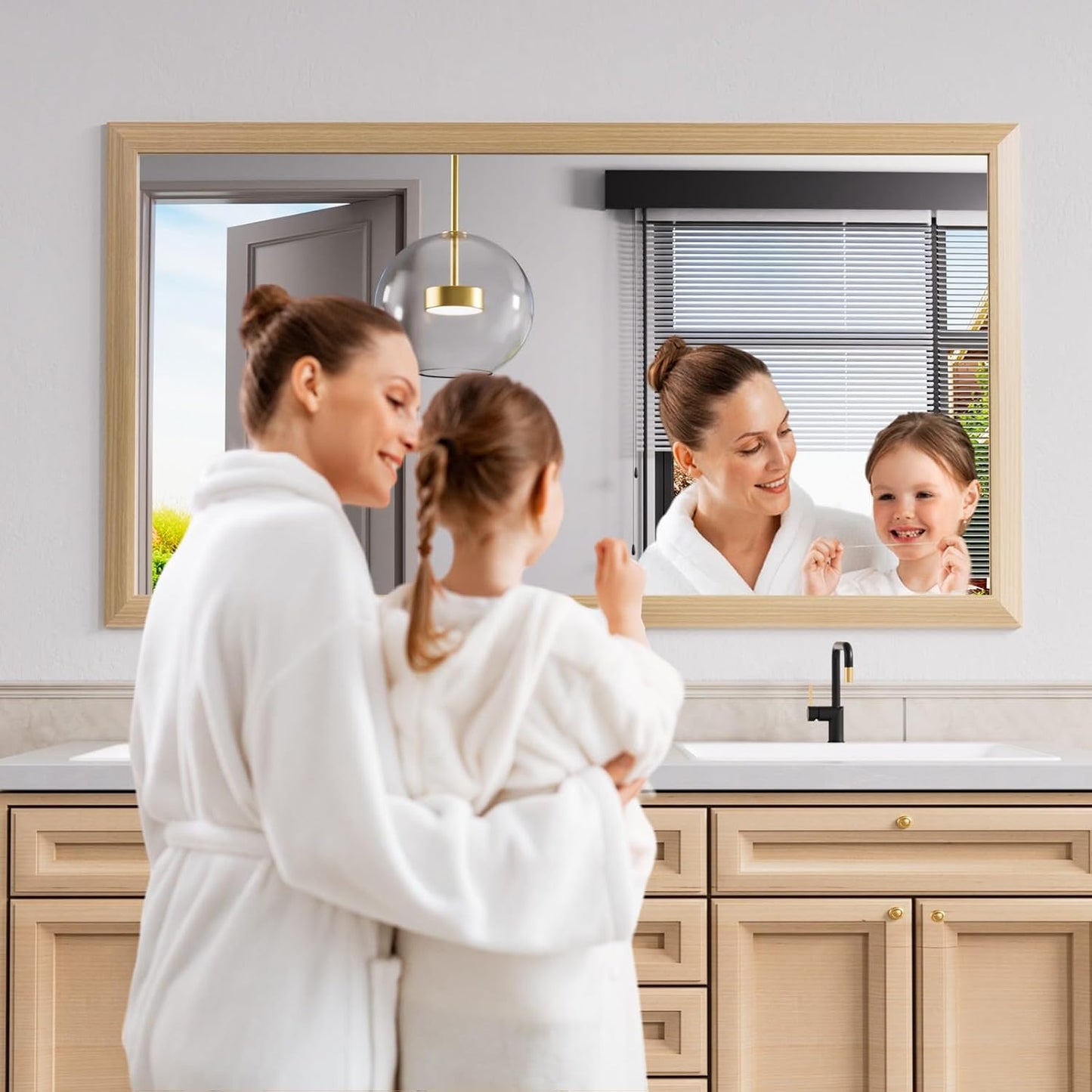 Amorho 72 X32 Inch Bathroom Mirror for Wall, Oak Wood Grain Metal Framed Mirror, Anti-Rust, Hang Horizontally/Vertically, Suitable for Bedroom, Farmhouse, Bathroom, Decorative