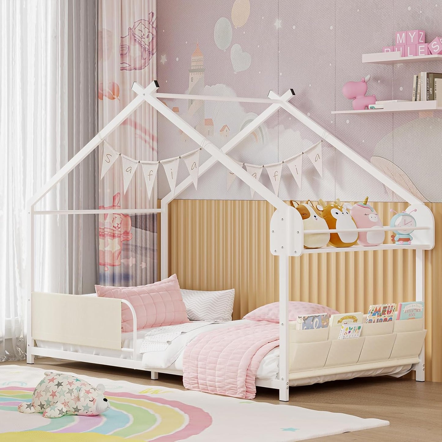 Timy House Shape Twin Size Montessori House Bed Metal Floor Bed with Storage Rack and Caddy Twin Bedframe for Kids No Box Spring Needed White