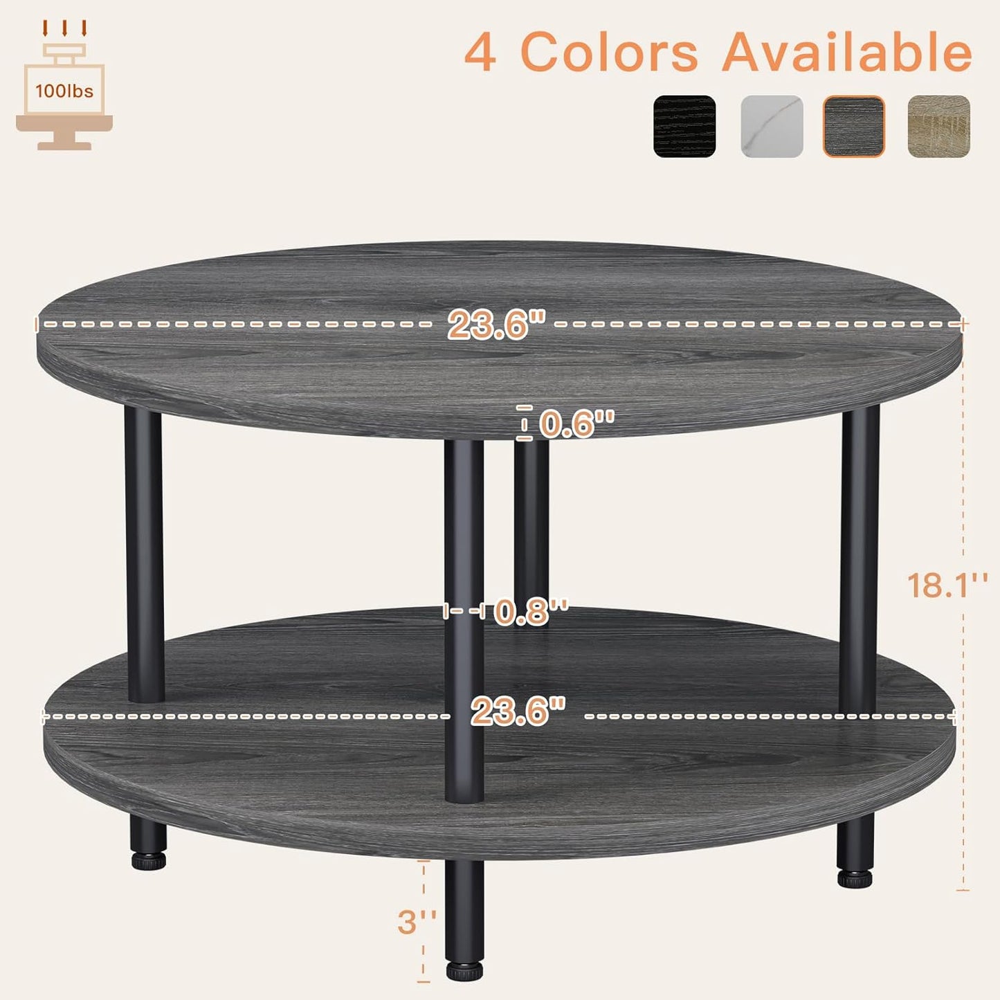 Coffee Table, 2 Tier Coffee Tables for Living Room, Round Coffee Table with Storage, Floor Table for Bedroom, Home Office, Grey (23.6" D x 18.1" H)