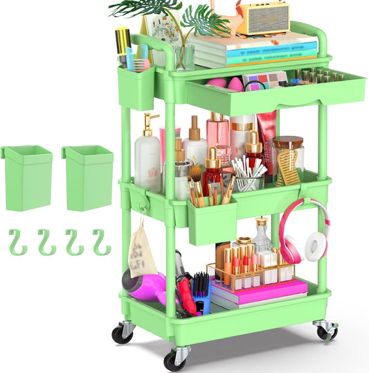 Goovilla 3 Tier Rolling Utility Cart Organizer with Removable Drawer, Stable and Sturdy Green Rolling Storage Carts with 2 Lockable Wheels for Bathroom, Kitchen, Snack, Craft, Makeup, Baby Essentials
