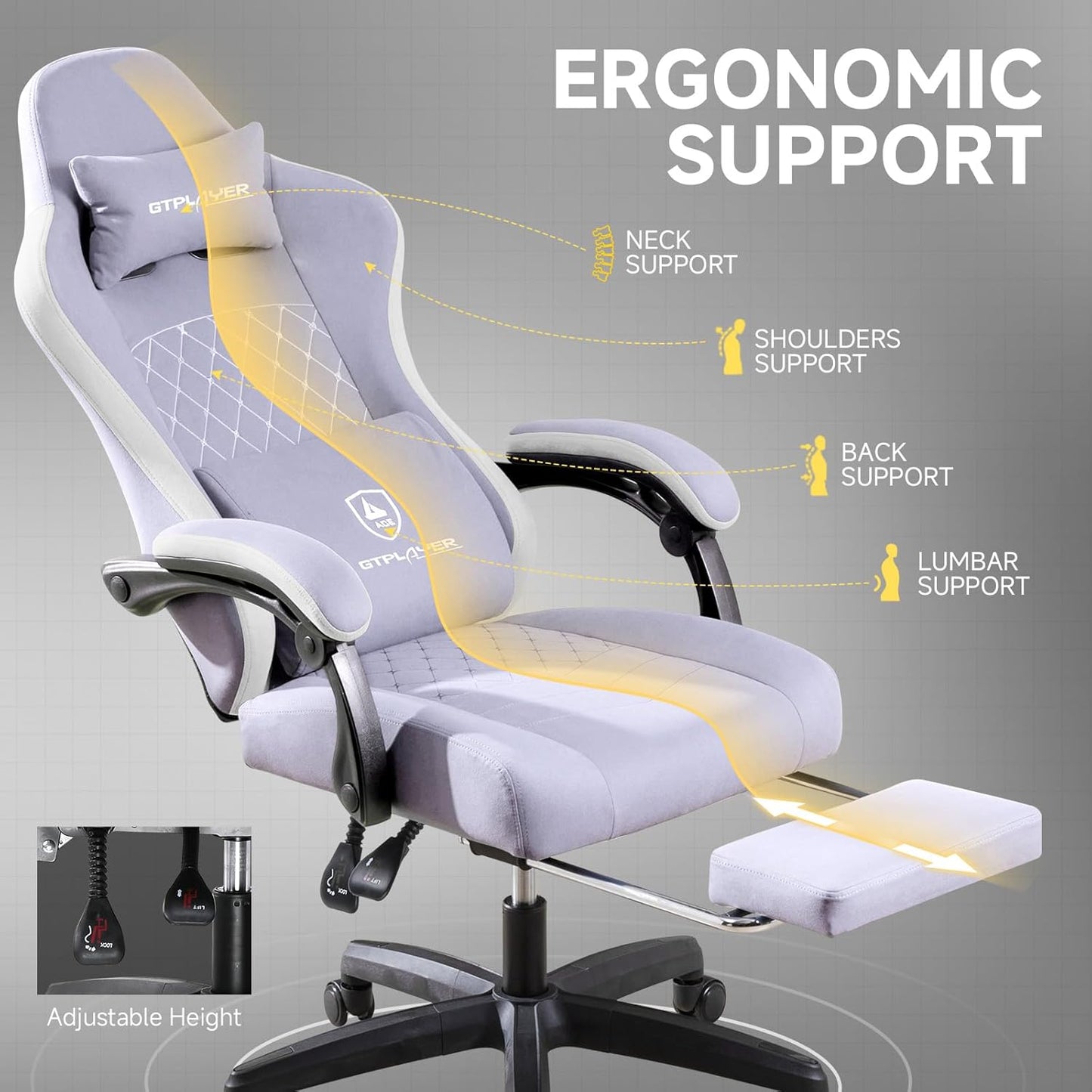 GTPLAYER Office Chair, Gaming Computer Desk Fabric Chair with Footrest, High Back Ergonomic Office Chair with Pocket Spring Lumbar Support and Linkage Armrests Adjustable Height Swivel for Home Task