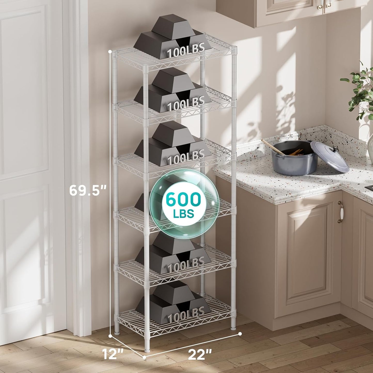 SINGAYE 6 Tier Shelf Adjustable Storage Wire Shelving Unit Metal Shelves Standing Closet Bathroom Organizers Pantry Kitchen Garage Laundry Room Organization Home Rack 12" D X 22" W X 69.5" H White