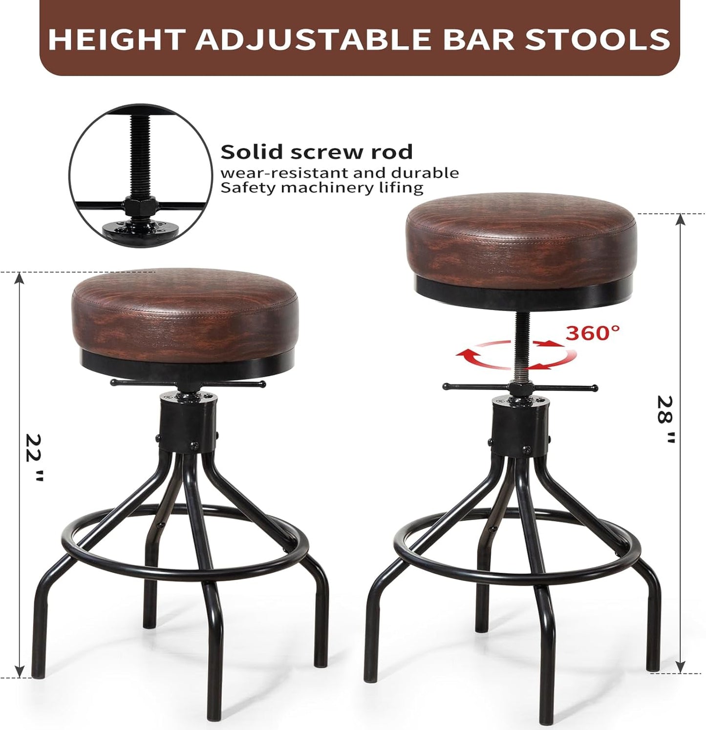 Industrial Barstools Set of 2 Adjustable Swivel Round Bar Stools Modern PU Leather 28inch Backless Counter Height Stool Metal Bar Chair for Kitchen Island (2, Walnut)