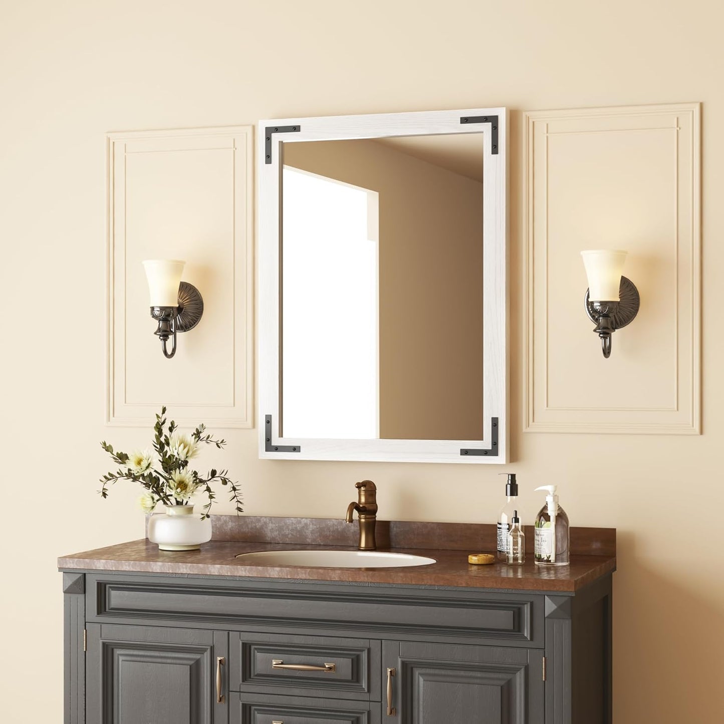 VocalStar White Wood Framed Mirror 22 x 30 Inch, Rustic Natural White Wooden Rectangle Bathroom Vanity Wall Mirror for Farmhouse Boho Decor, 1/4-inch Shatterproof Glass | Waterproof