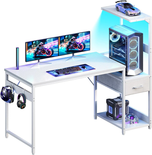Casaottima 48 Inch Gaming Desk with Storage & LED Lights, Reversible Computer Desk with Display Shelves & Fabric Drawer, Modern Gamer Desk Table with Side Headphone Hook, Carbon Fiber White
