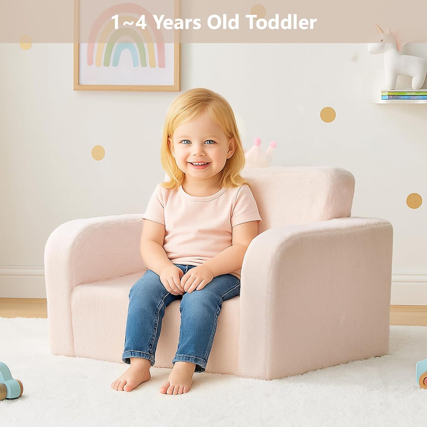 MONKISS Toddler Couch, 2-in-1 Kids Sofa Fold Out, Convertible Sofa to Lounger for Girls and Boys, Toddler Chairs Comfy 1-3 Years Old, SF04, Beige Crown