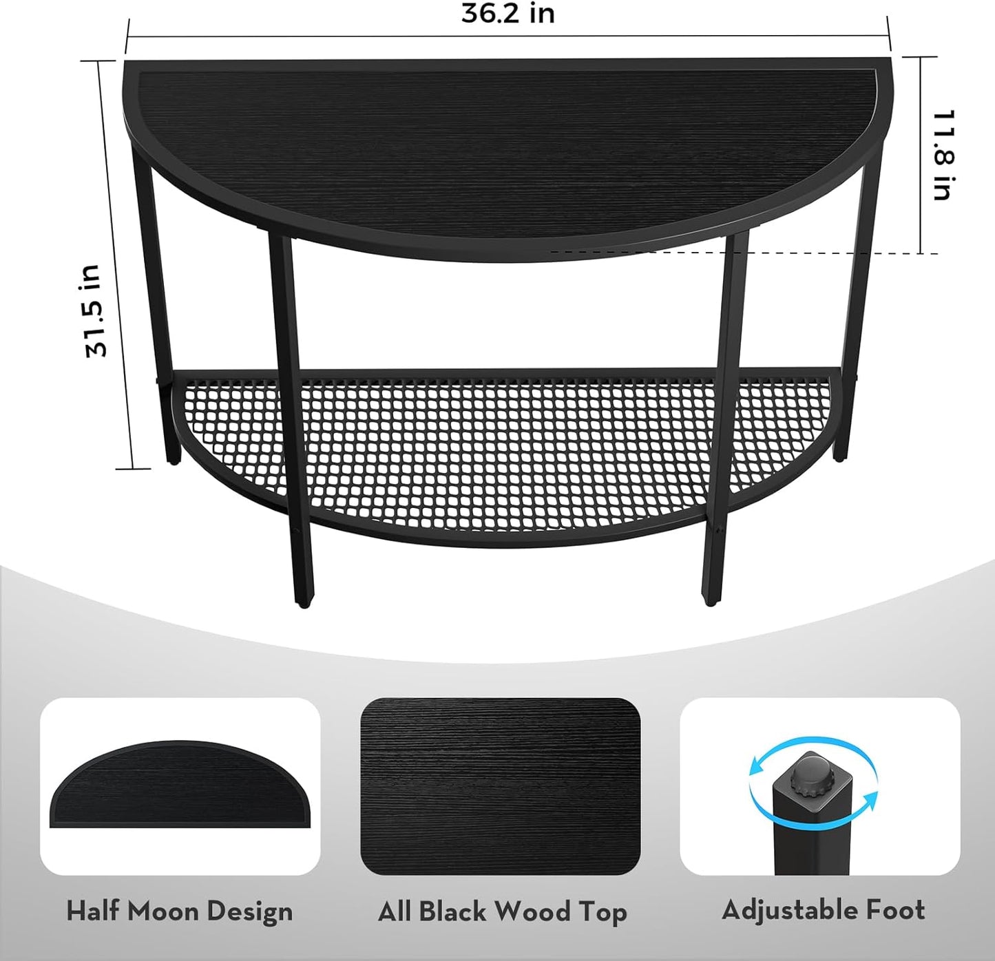 SAYGOER Black Half Moon Console Table 2 Tier Narrow Entryway Table with Storage Modern Couch Table Small Entry Way Tables, Easy Assembly, All Black