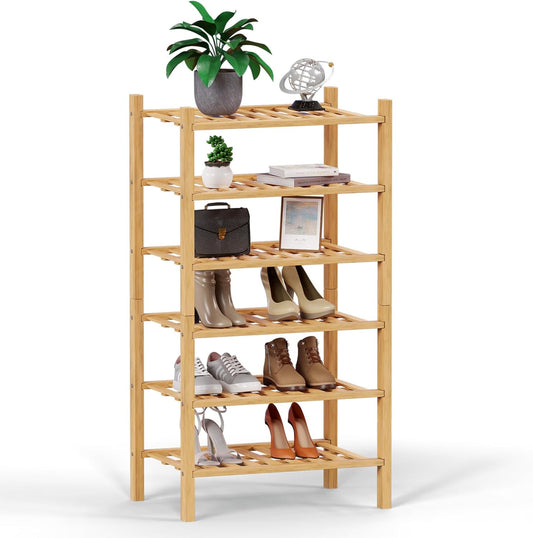 Haddockway small 6 Tier Bamboo Shoe Rack Storage Organizer,Multifunctional Free Standing Stackable Shoe Shelf with Grid Panel for Closet,Hallway,Entryway,Small Space 18"x11"x34"(Natural, 6-Tier Small)
