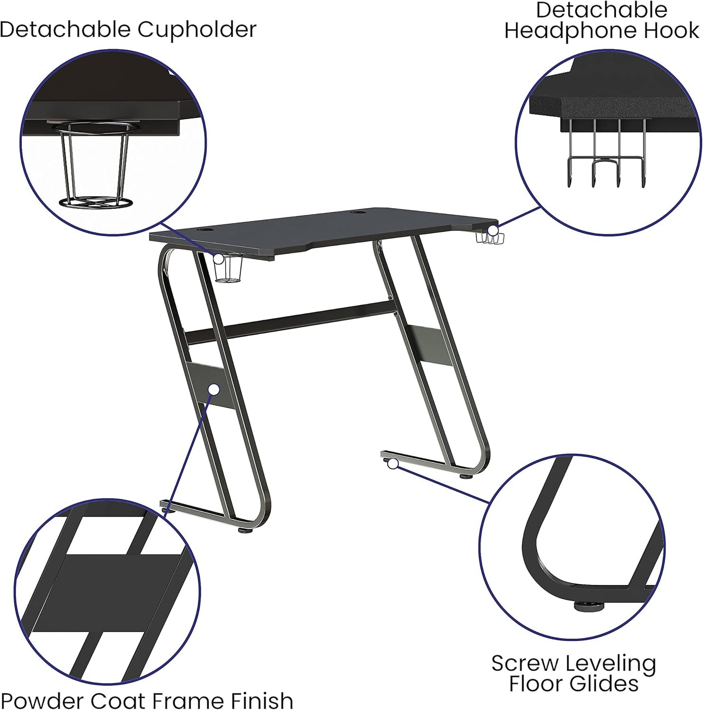 Flash Furniture Fisher Gaming Desk - Black Ergonomic Computer Desk - 51.5" Gamers Table with Cup Holder and Headphone Hook