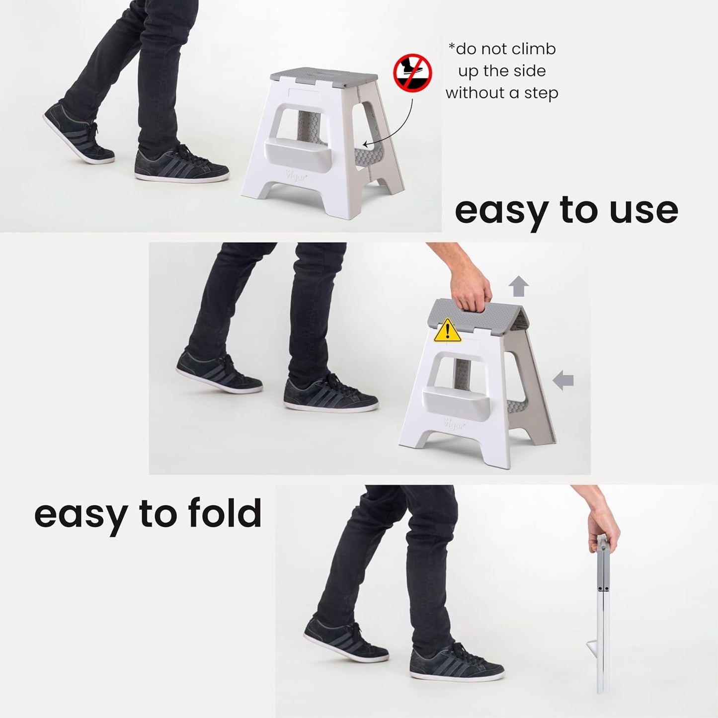 Vigar Compact Step Stool Foldable, 16-inch Two-Step Stools for Adults up to 330 Pound, Lightweight Stool, Non-Slip Folding Step Stool, Gray