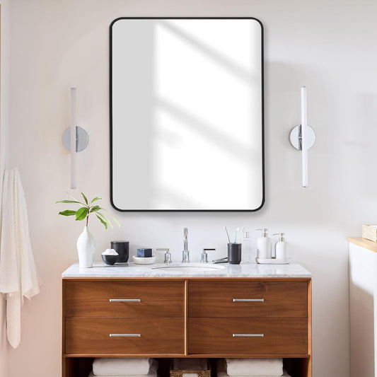 24x30 Inch Rectangle Bathroom Mirror with Black Metal Frame, Rounded Corner Rectangular Vanity Mirror for Wall, Modern Large for Bedroom, Living Room, Horizontal or Vertical