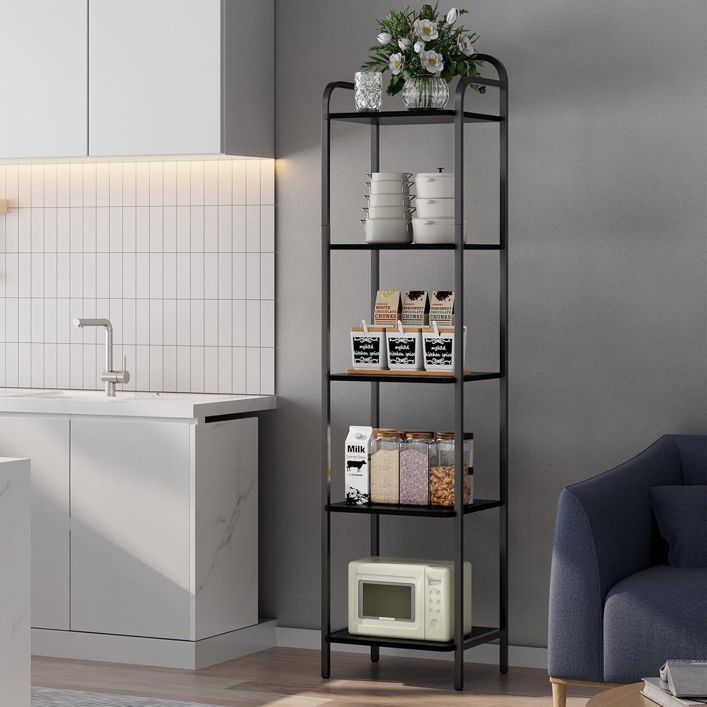 Book Shelf, 5 Tier Bookshelf, Bookcase with 5 Shelves, Storage Rack Organizer, Corner Wood Storage Shelf with Metal Frame for Bedroom, Living Room, Black