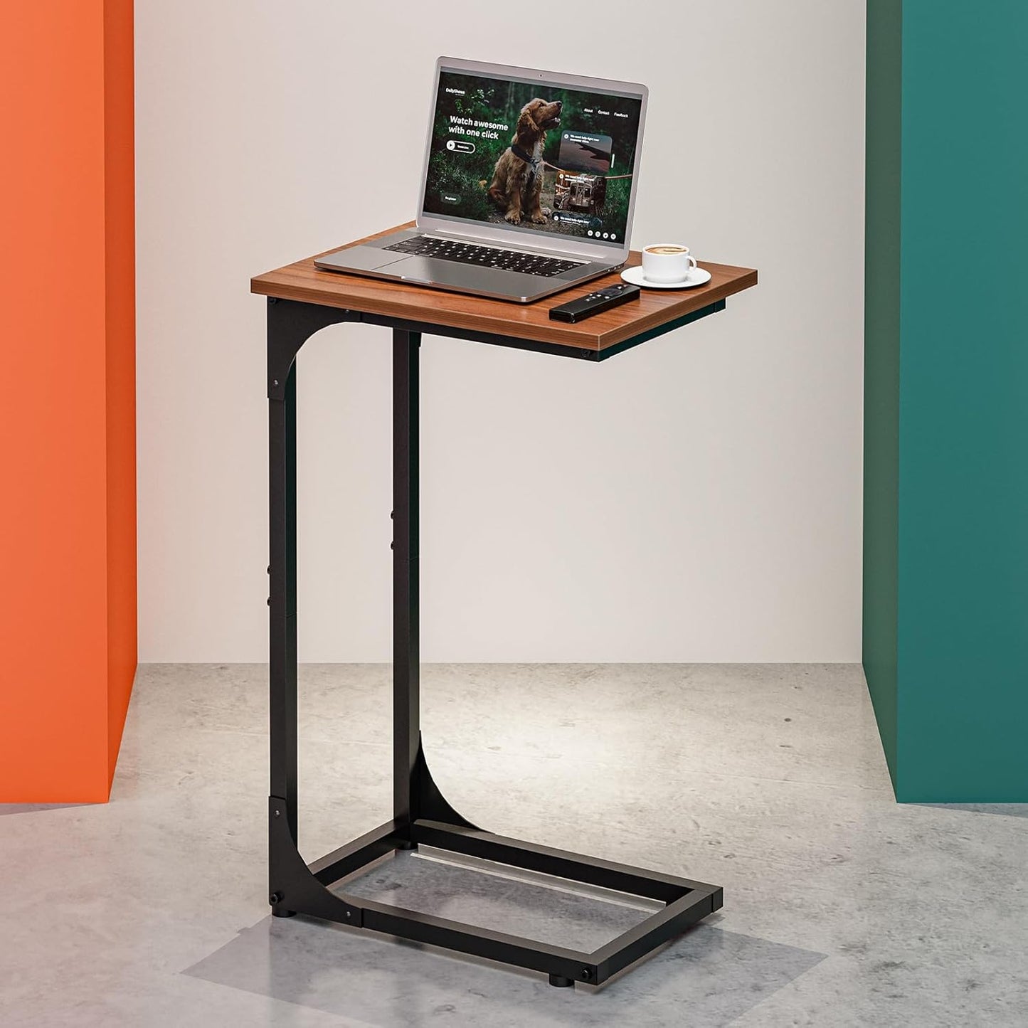 C-Shaped Side Table for Couch - Small Coffee Stand Sofa Tray Desk with Metal Frame and Waterproof Scratch Resistant, Modern End Accent for Living Room, Bedroom, Small Spaces, Rustic Walnut