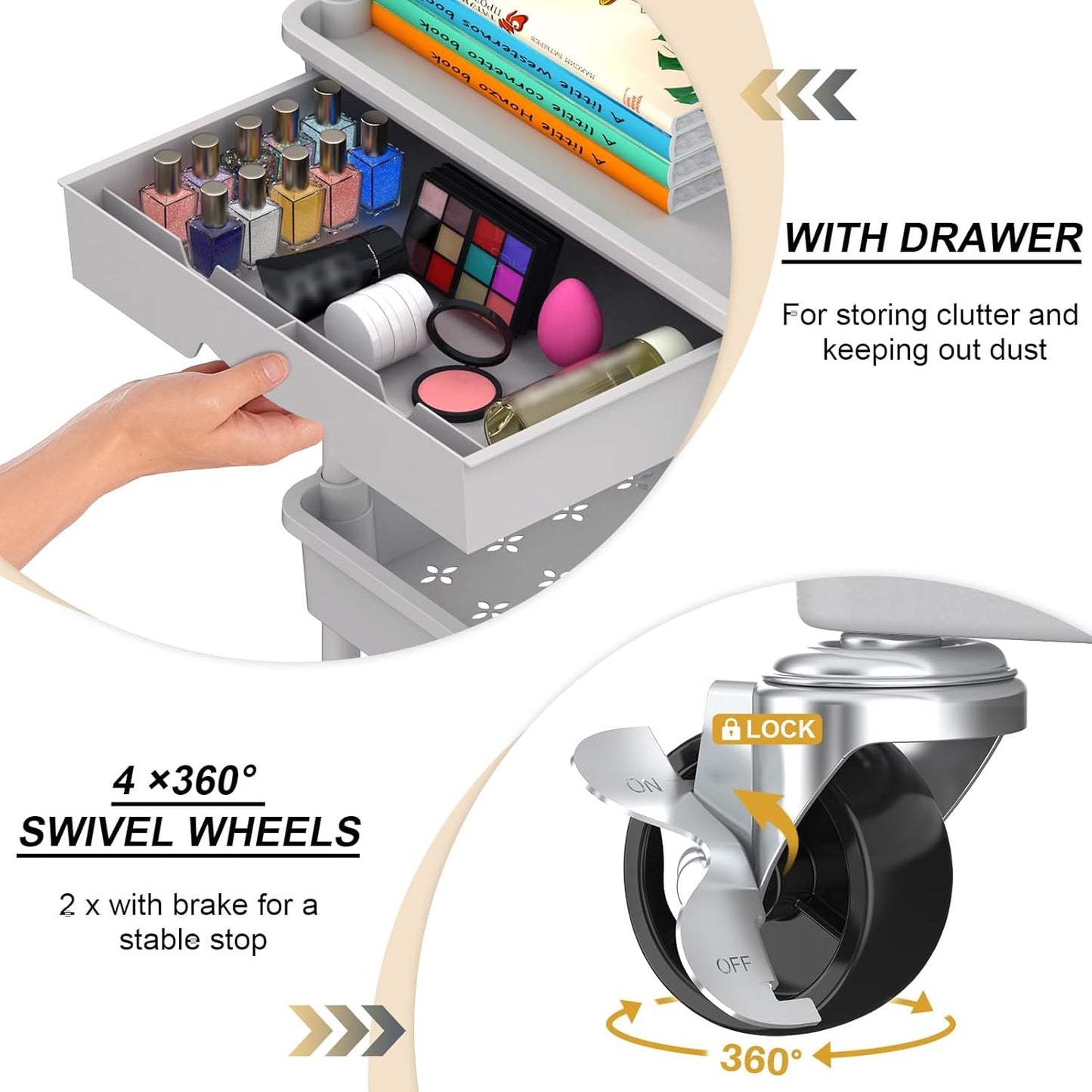 Goovilla 4 Tier Rolling Utility Cart Organizer with Removable Drawer, Stable and Sturdy Grey Rolling Storage Carts with 2 Lockable Wheels for Bathroom, Kitchen, Snack, Craft, Makeup, Baby Essentials