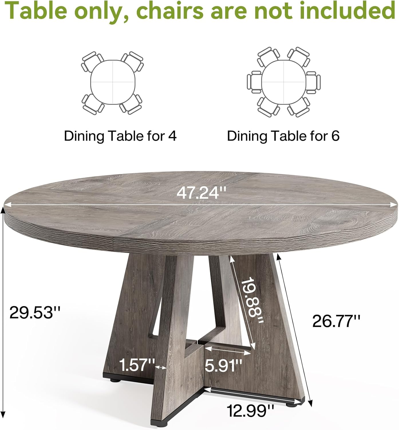 LITTLE TREE Round Dining Table for 4-6 People, 47 Inches Dining Room Table with Wooden Pedestal Base, Grey Dinner Tables, Circle Kitchen Tables for Dining Room, Kitchen, Living Room(Table Only)