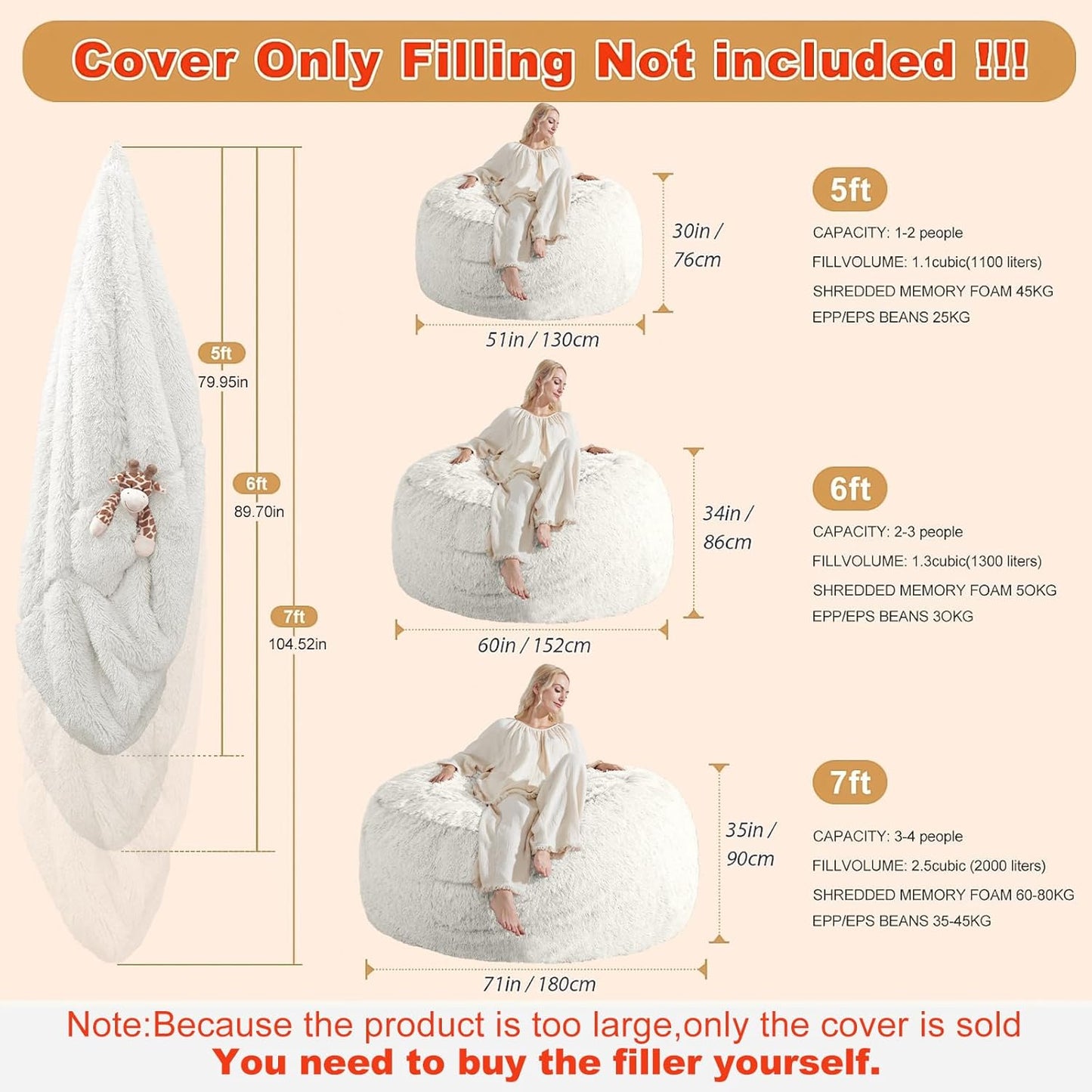 7FT Oversized Bean Bag Covers Only, Fluffy Stuffed Beanbag Chair Covers No Filler, Washable Bean Bags Cover for Adults, Stuffed Animal Bean Bag Anti-Slip, White