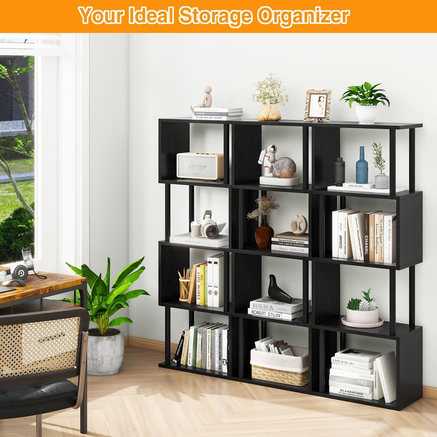 IBUYKE 5-Tier Tall Bookshelf,S-Shaped Geometric Bookcase, Wood Display Shelves with Storage,Modern Bookshelf for Living Room Bedroom, Home Office, Black WBC015B