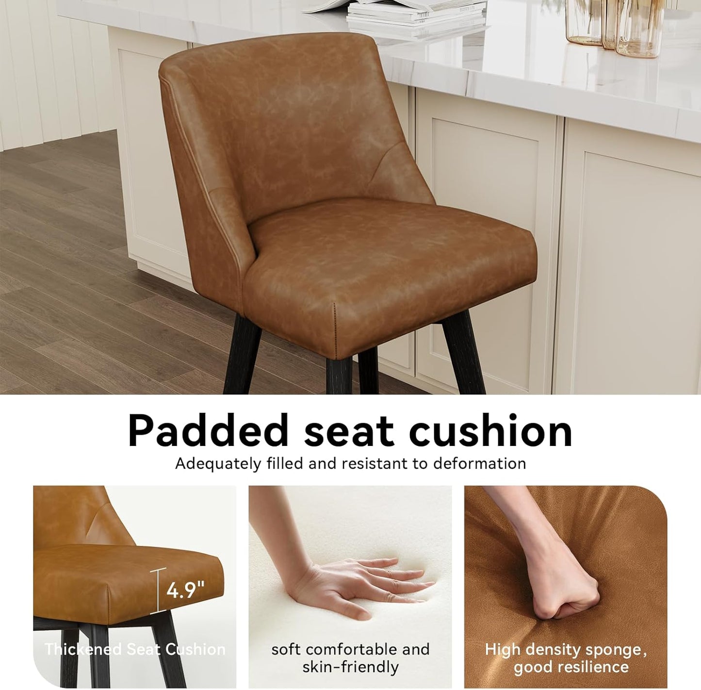 Vipbear Swivel Counter Height Bar Stools Set of 2,26.8" H Counter Stools with Back, Mid Century Modern Bar Stools for Kitchen Island,Faux Leather,Wooden Base, Brown