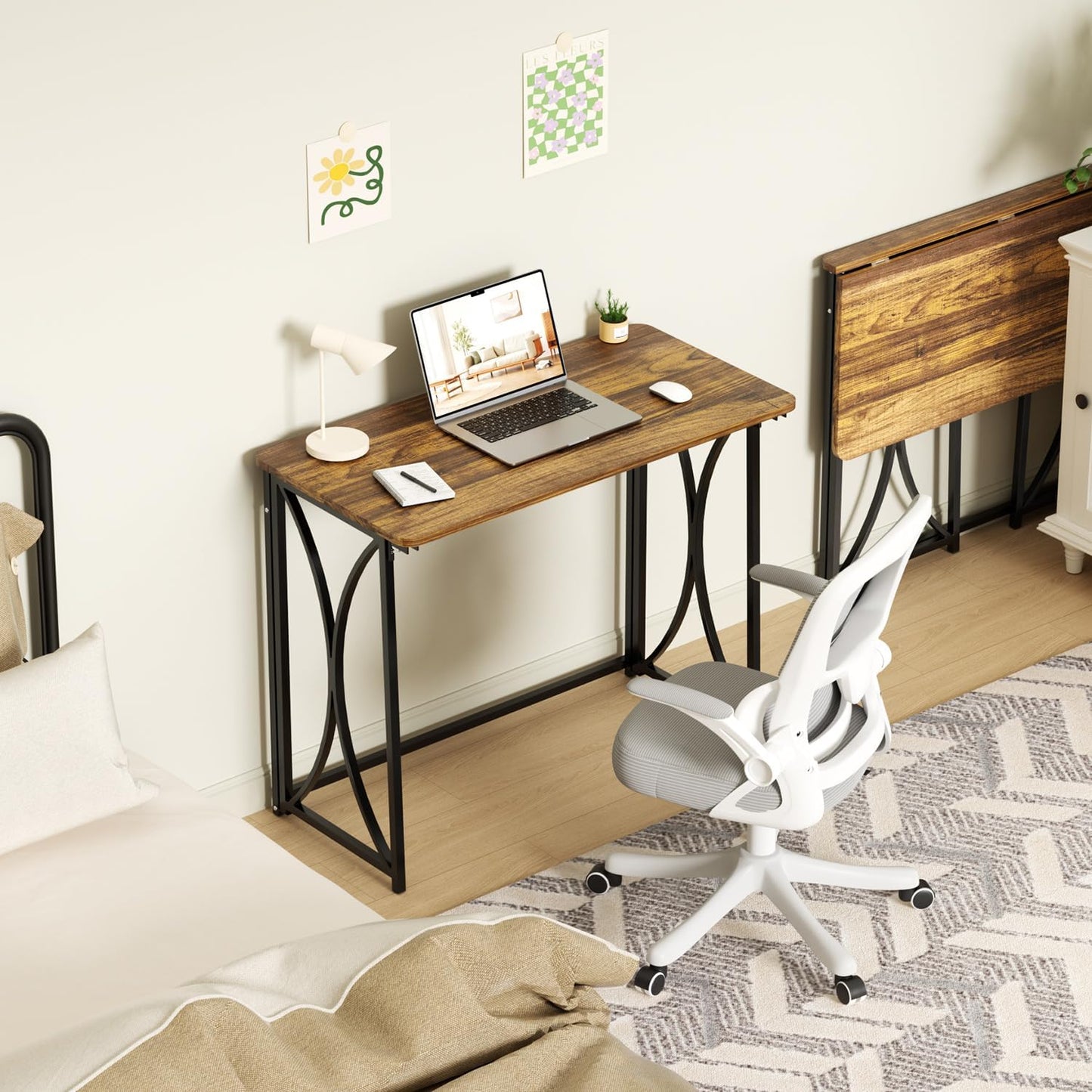 Folding Desk, 31.5" Small Desk for Bedroom, Space Saving Foldable Computer Desk for Home Office, Easy Assembly, Brown