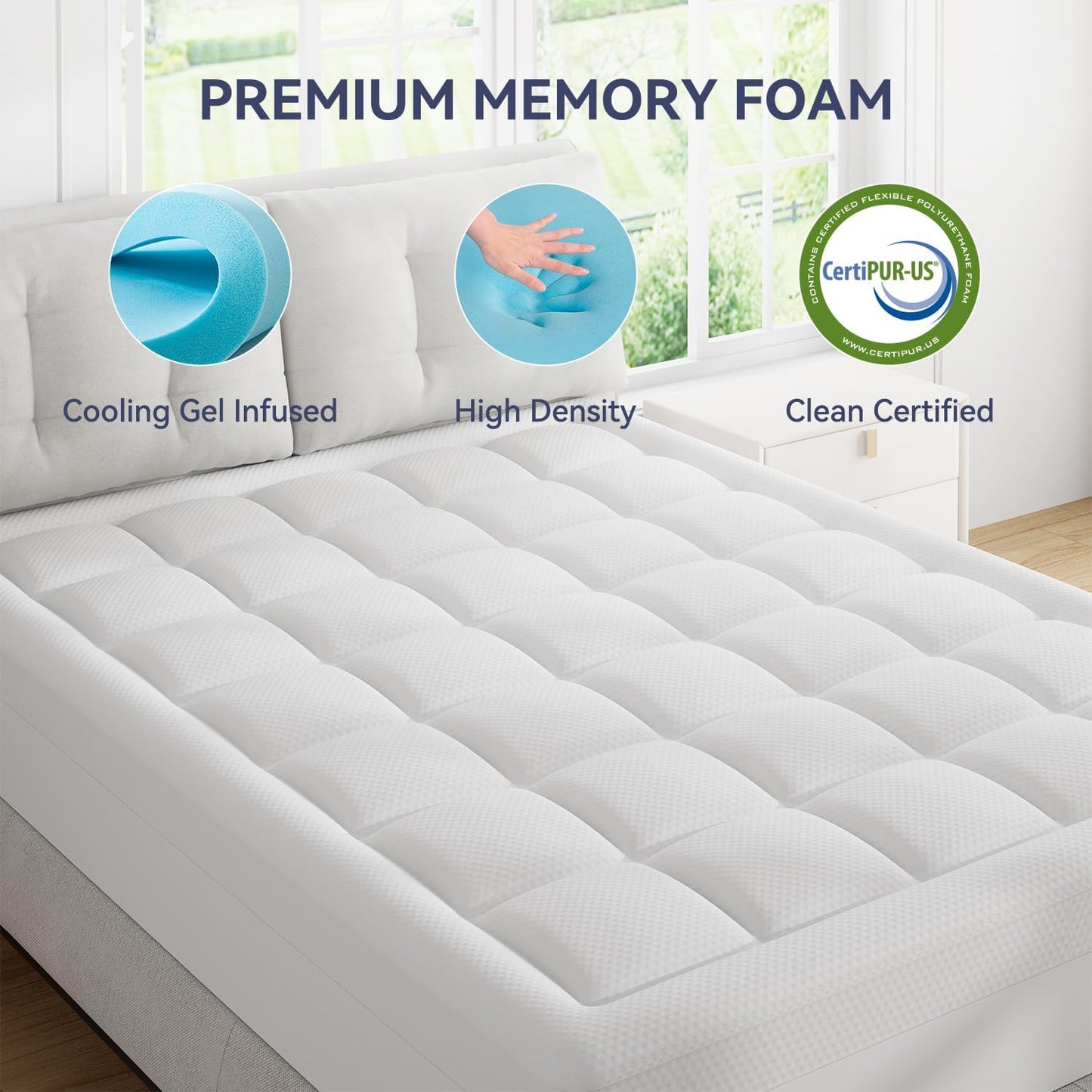 ELEMUSE Full Size Dual Layer 3 Inch Memory Foam Mattress Topper, 2 Inch Cooling Gel Memory Foam and 1 Inch Thick Soft Pillow Top Mattress Pad Cover for Back Pain Relief, Bed Topper for Side Sleep