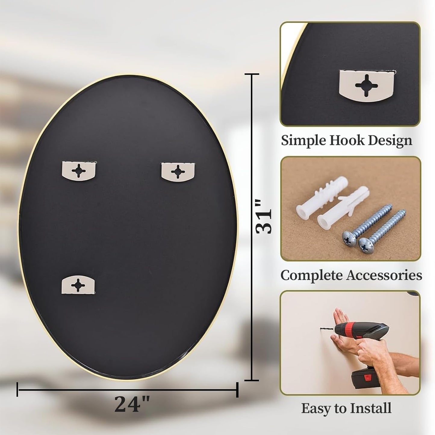 Koonmi Gold Oval Bathroom Mirror, 24"x31" Bathroom Vanity Mirror, Oval Mirror for Bedroom Living Room Entryway, Hangs Horizontal or Vertical