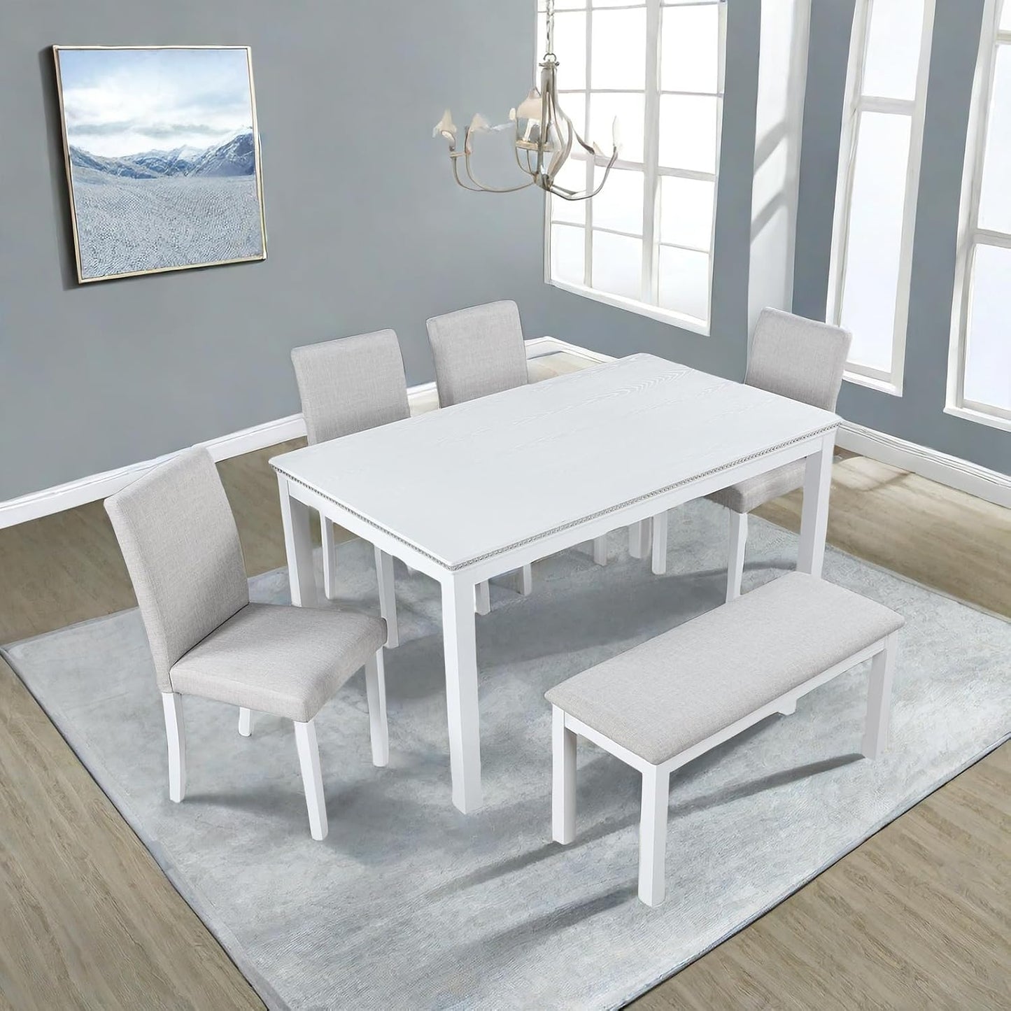 Dining Table Set, 6 Piece Counter Height Dinner Set with Rectangular Table, 4 Upholstered Chairs and Bench, Wooden Linen Dining Table and Chairs Set with Crystal Decoration, Beige