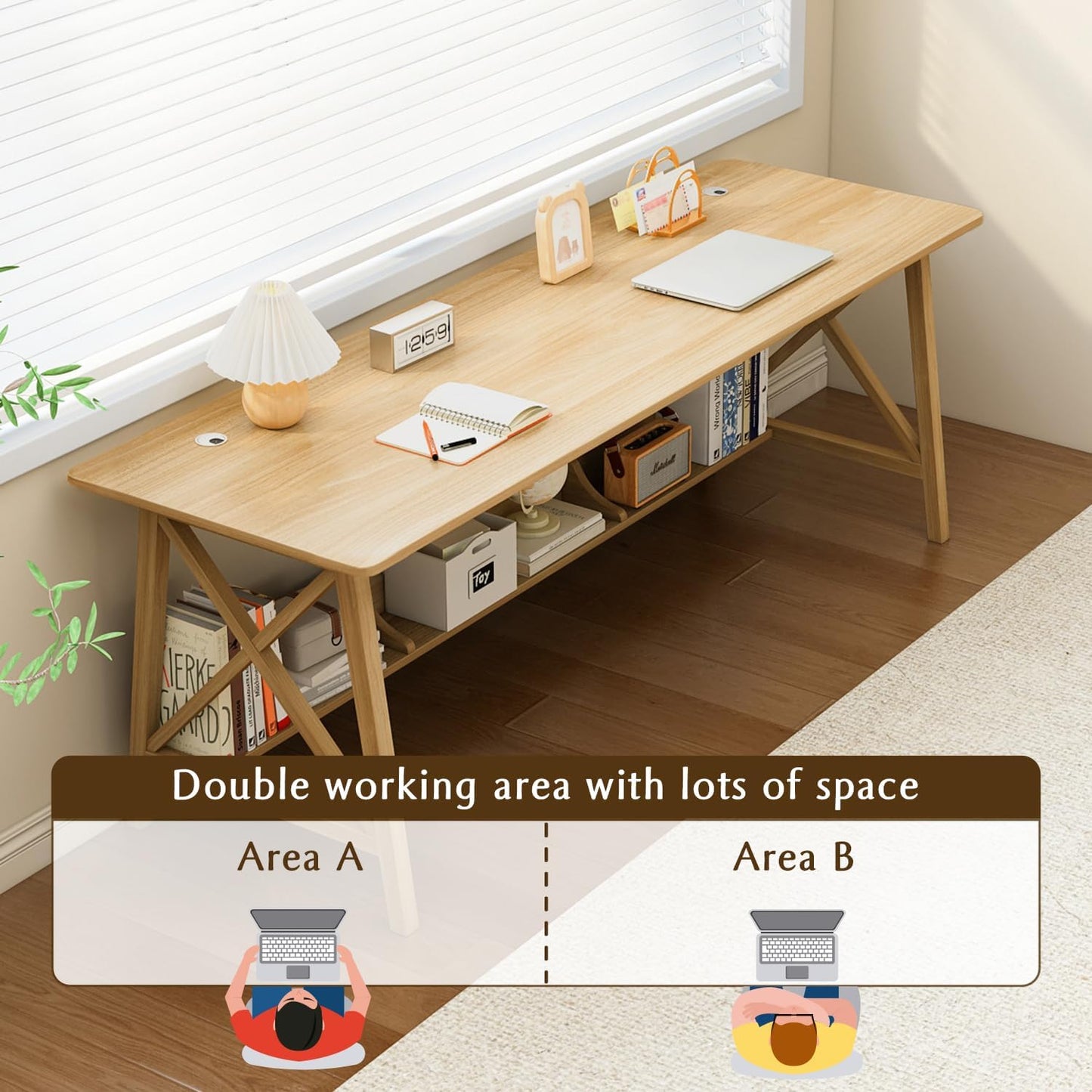 Extra Long Desk with Bookshelf - Wooden Home Office Work Study Table, 2-Person Writing Computer Workstation with Storage Shelf in Oak, 71" Wx24 Dx30 H