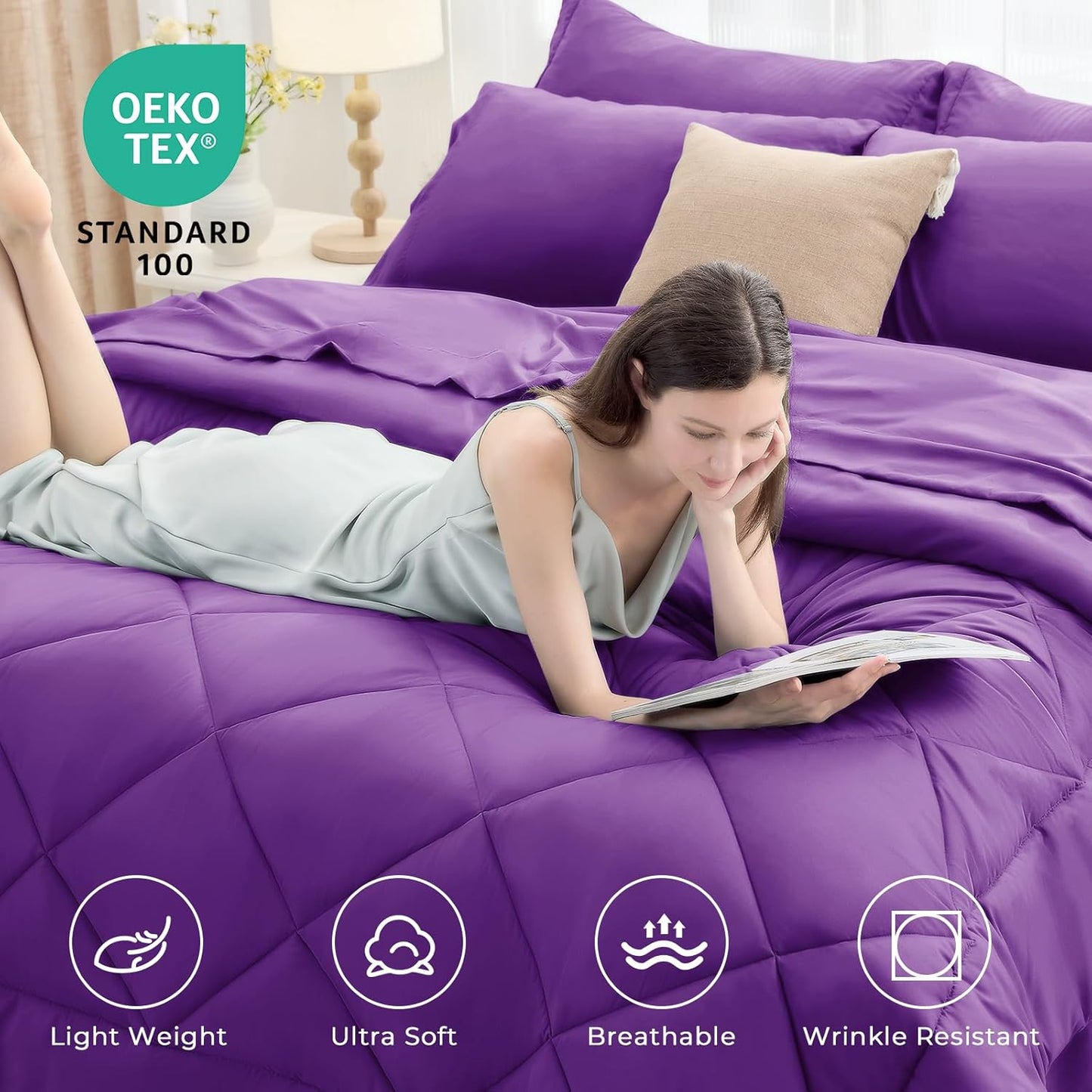 HEVUMYI Purple Queen Comforter Set - 7-Piece All Season Bed in a Bag Queen, Ultra Soft Bedding Set with Comforter, Flat Sheet, Fitted Sheet, Pillowcases, Pillow Shams