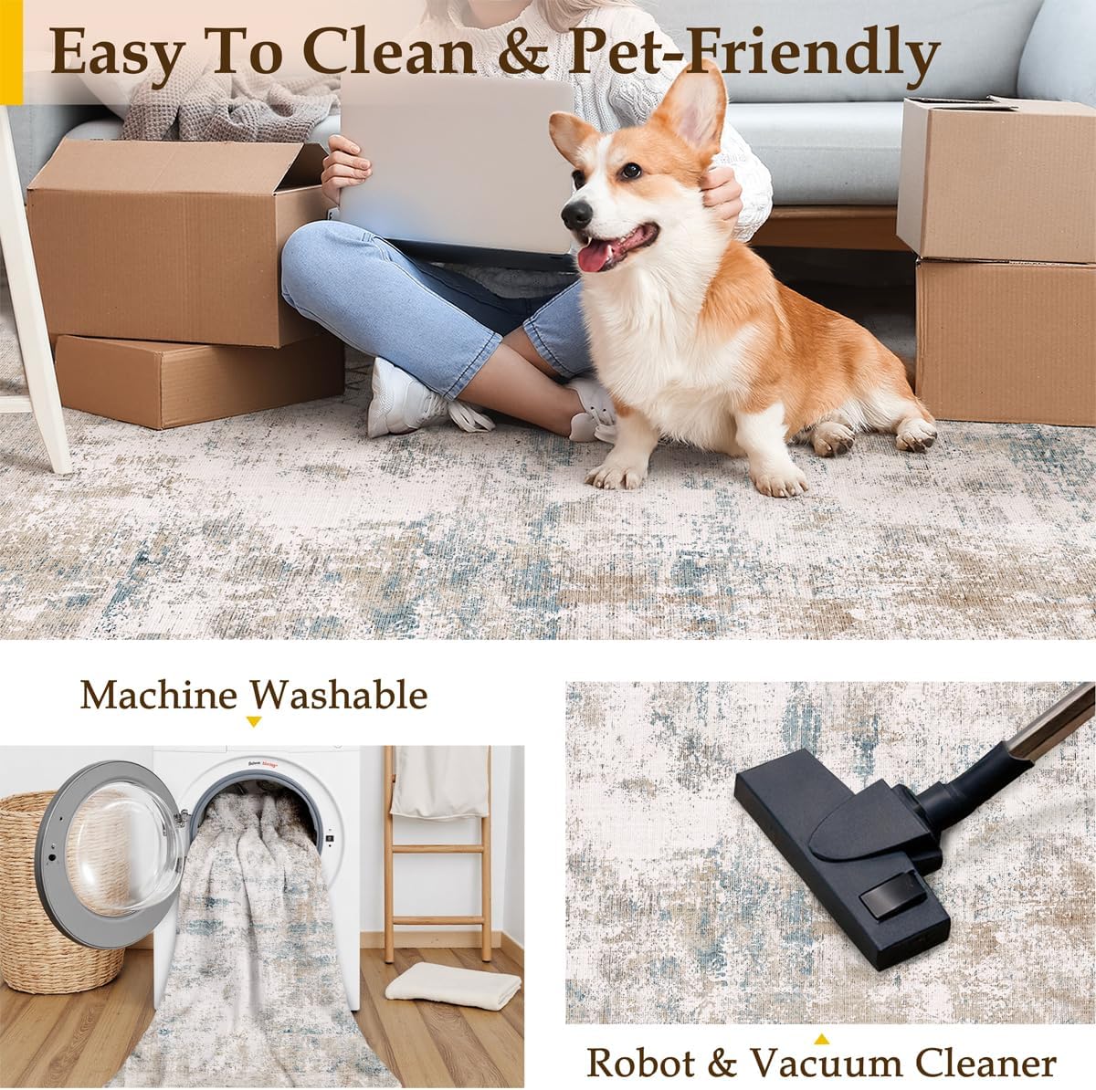 9x12 Washable Area Rug Beige Blue Neutral Abstract Living Room Bedroom Large Throw Rug Non Slip Soft Low Pile Indoor Floor Carpet for Dining Room Kitchen Office Entryway