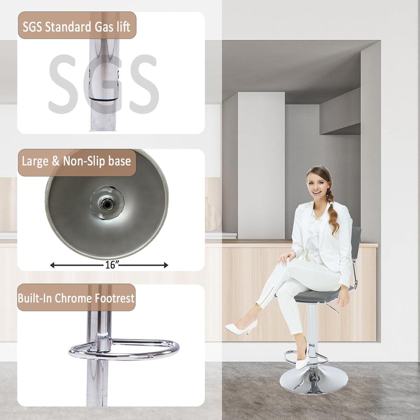 Sidanli Grey Bar Height Chairs, Swivel Barstools with High Backrest, Bar Stools Set of 2 for Kitchen Counter, Coffee Bar, Breakfast Countertop