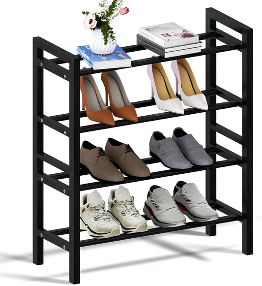 Haddockway Bamboo Shoe Rack for Closet, Free Standing Shoe Organizer with Smooth Round Rods & Convenient Handles, Stackable Shoe Storage Shelf for Entryway, Hallway(Black, 4-Tier(Small))
