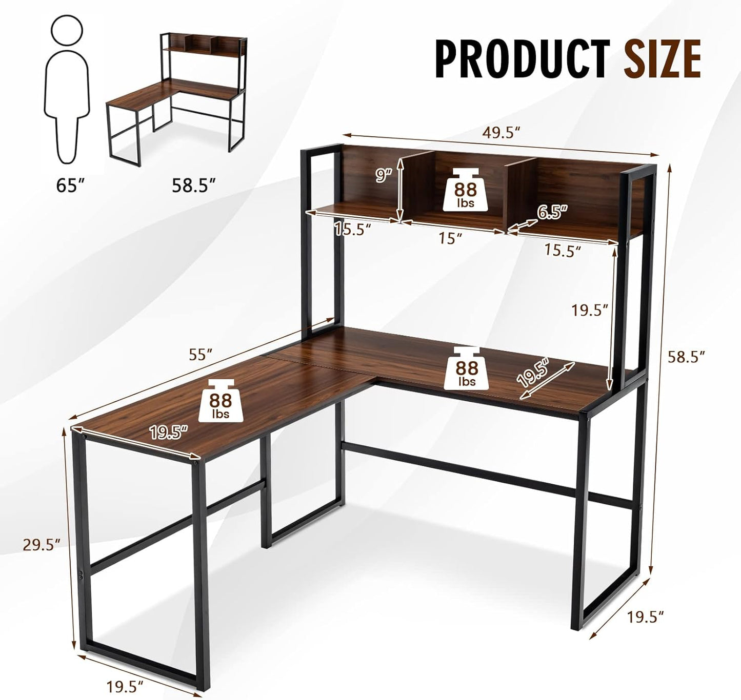 Tangkula Reversible L-Shaped Desk with Hutch, Space Saving Corner Computer Desk with Storage Shelves, Home Office Study Writing Desk Computer Workstation with Storage Bookshelf, Gaming Desk