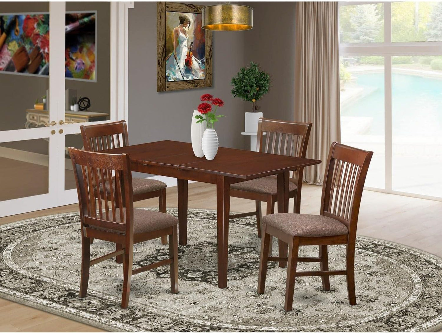 East West Furniture PSNO5-MAH-C 5 Piece Kitchen Table & Chairs Set Includes a Rectangle Dining Table with Butterfly Leaf and 4 Linen Fabric Dining Room Chairs, 32x60 Inch, Mahogany
