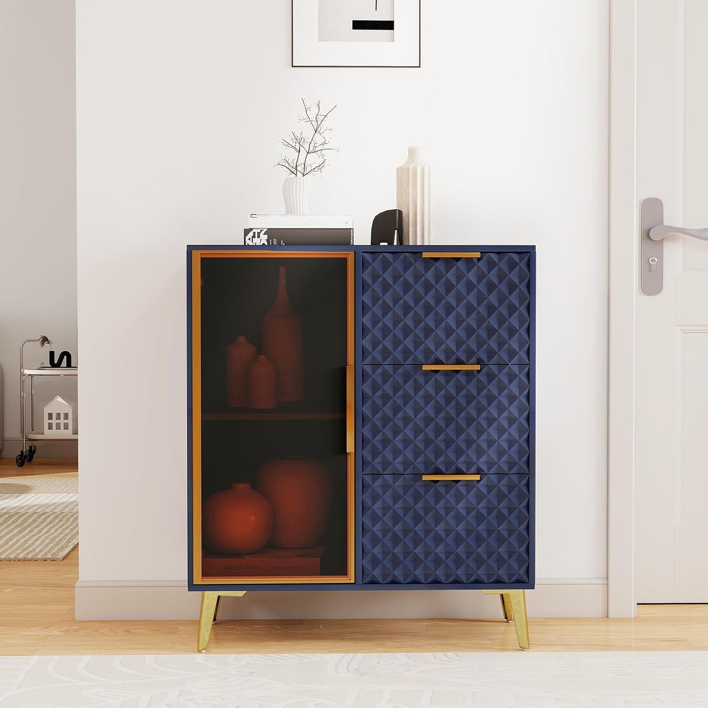 Rovibek Modern Sideboard Cabinet with Storage, Small Kitchen Buffet Cabinet with Glass Door & 3 Drawers, 31" Accent Sideboard Buffet for Kitchen, Living Room, Blue