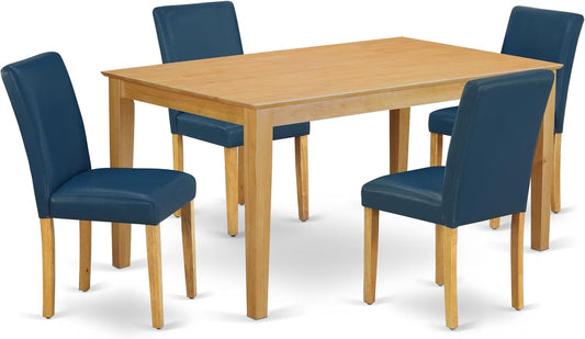 East West Furniture CAAB5-OAK-55 5 Piece Dining Set Includes a Rectangle Dining Room Table and 4 Oasis Blue Faux Leather Upholstered Parson Chairs, 36x60 Inch, Oak
