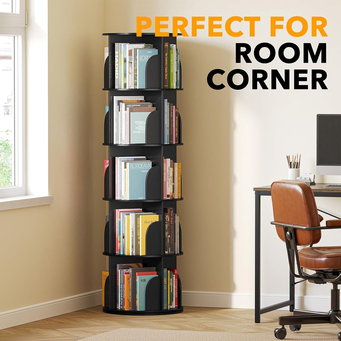 SpaceAid 5 Tier Rotating Bookshelf Tower, Spinning Bookcase Lazy Susan, Revolving 360 Book Shelf Storage Round Carousel, Vertical Rotate Turning Spiral Corner Organizer, Black