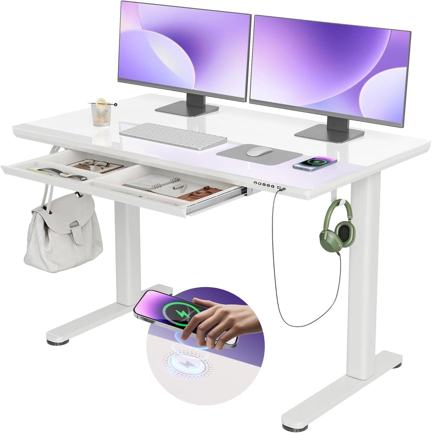 INNOVAR Wireless Charging Standing Desk with Drawers, Adjustable Height Electric Desk, 48 inch, Super White