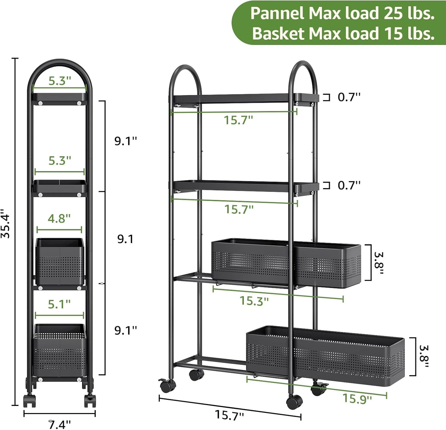 KINGRACK 4-Tier Slim Storage Cart with Pull Out Basket, Rolling Bathroom Organizer Utility, Metal Shelving Unit Slide Out, Lockable Wheels, Easy Assembly for Narrow Place, Kitchen, Laundry Room, Black